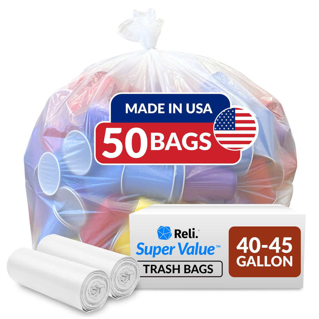 Reli. 40 to 45 Gallon Trash Bags Heavy Duty | 50 Trash Bags | Super Sizeable, Clear, Garbage for Serious Cleanup