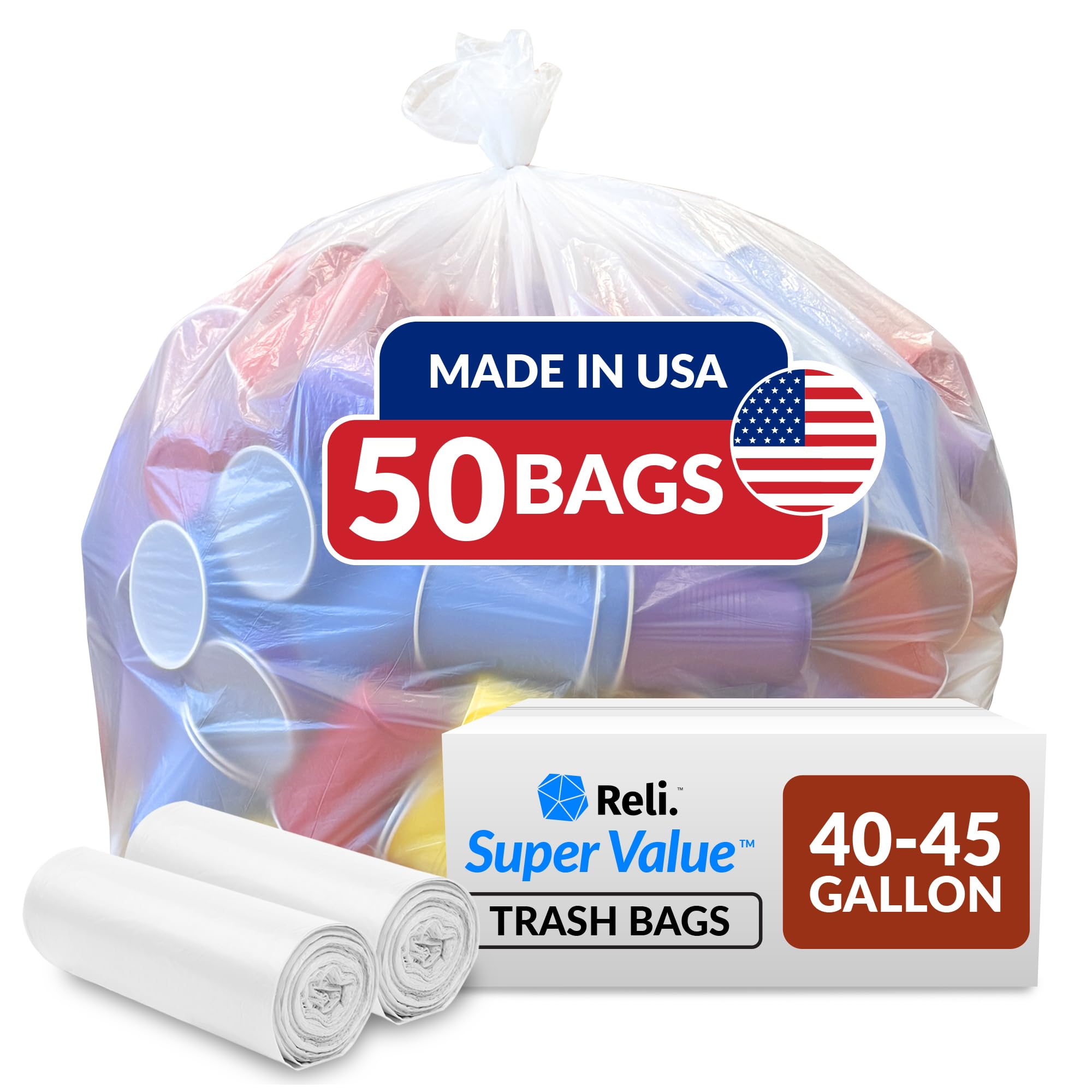 Reli. 40 to 45 Gallon Trash Bags Heavy Duty | 50 Trash Bags | Super Sizeable, Clear, Garbage for Serious Cleanup