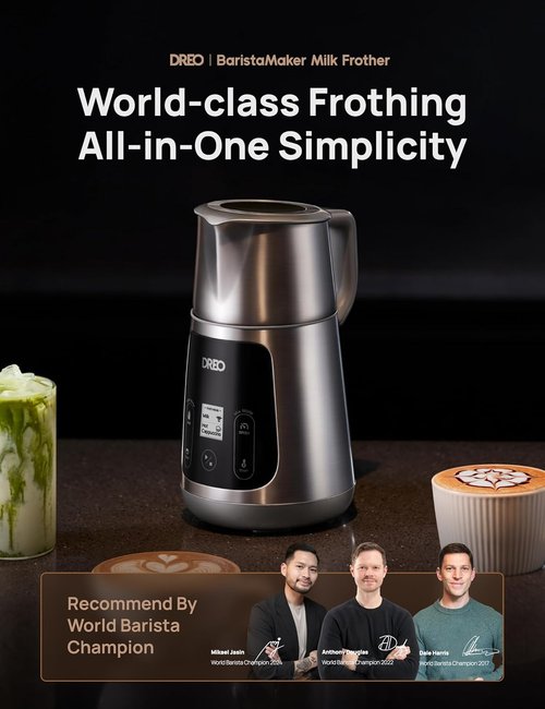 DREO Electric Milk Frother - All-in-One Foam Maker for Coffee | 15oz Automatic Latte Art Microfoam, Easy to Clean