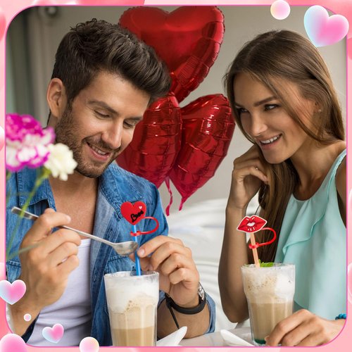 24 PCS Valentine's Day Straw Toppers, 8mm Heart Shaped Straw Cover Cap for Tumblers, Reusable Red Pink Lips Drinking Straws Tip Cover Lover Couple Fun Gifts