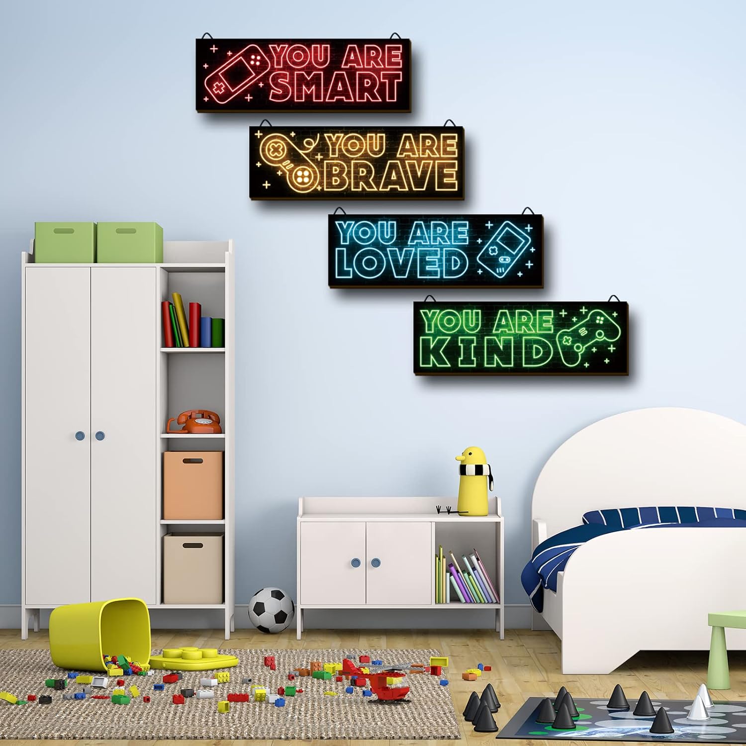 YLOLUL Neon Game Art Prints - 4-Piece Wood Wall Decor for Boys' Rooms | Inspirational Gamer Quotes, 12 x 4 Inch, Red