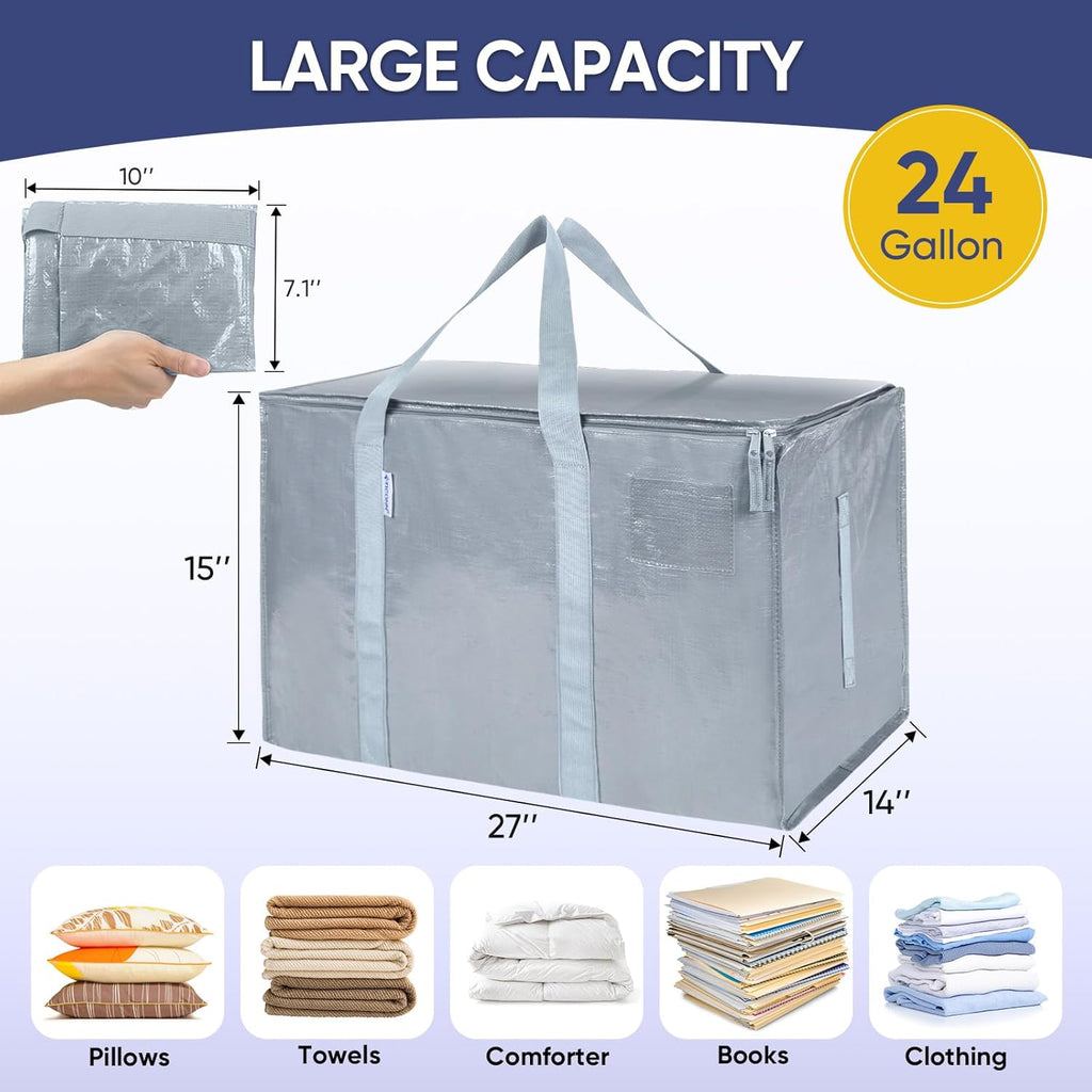 TICONN Extra Large Heavy-Duty Moving Bags - Durable Storage with Zippers & Handles | Light Grey (2 Pack)