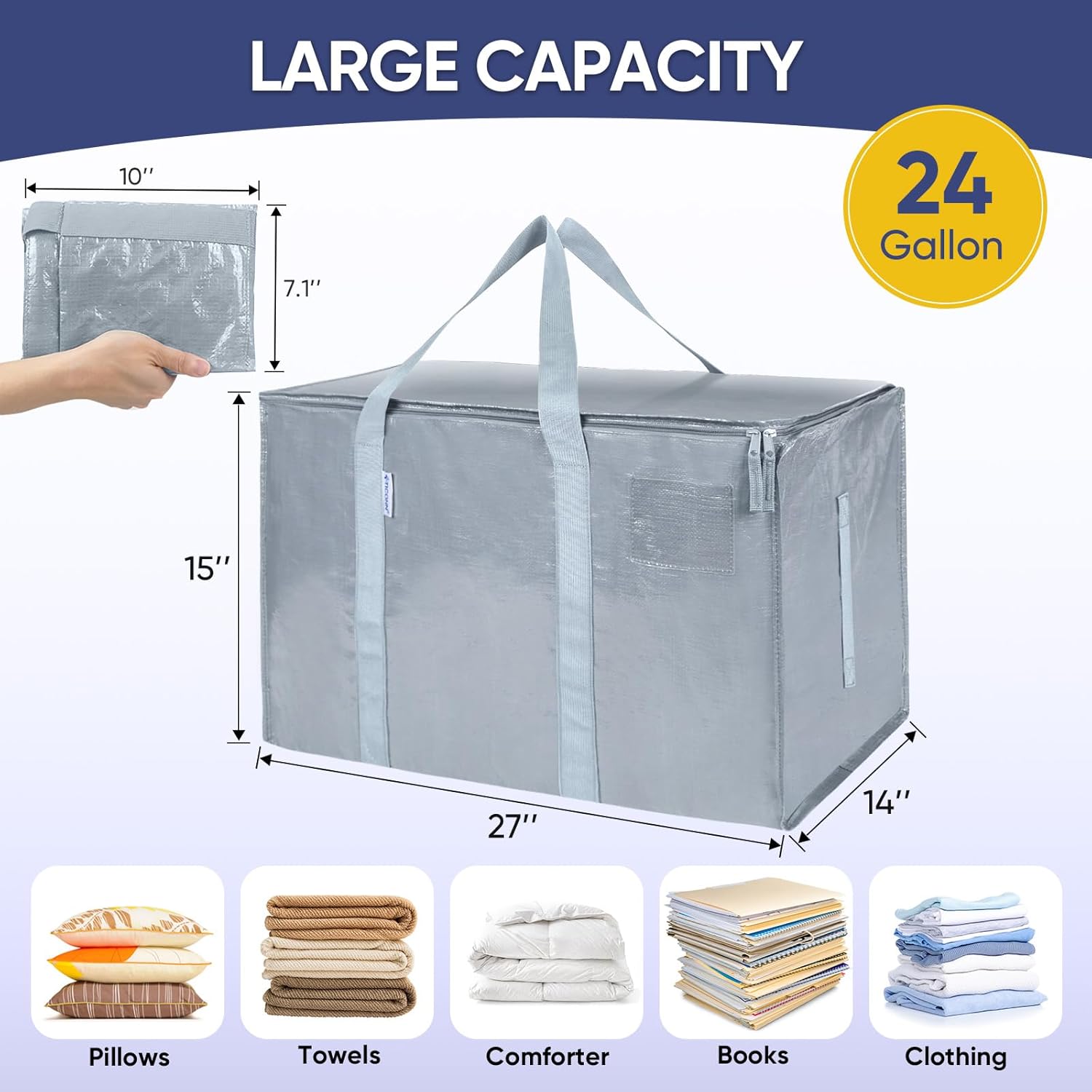 TICONN Extra Large Heavy-Duty Moving Bags - Durable Storage with Zippers & Handles | Light Grey (2 Pack)