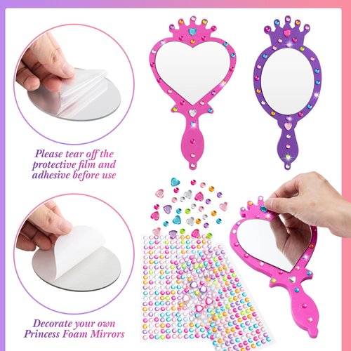 Geetery 20 Pcs Unbreakable Kids Mirror DIY Decorate Your Own Princess Mirror Mermaid Princess Foam Small Crafts for Princess Party Decorations(Purple, Pink)