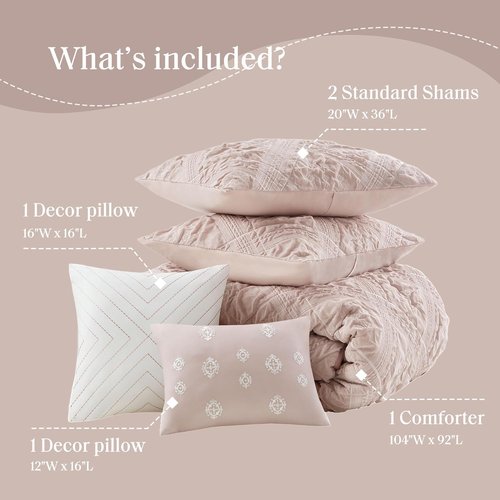 Madison Park Shabby Chic Comforter Set 5-Piece King Size, Puffy Seersucker Textured Grid Pattern Boho Bedding,Dusty Pink Plaid Comforter with 2 Shams & 2 Decorative Pillows
