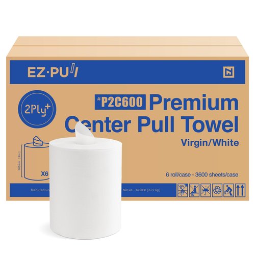 EZ-Pull Premium 2ply+ Centerpull Centerfeed Paper Hand Towels, FSC certified white, 6 rolls x 600 sheets, P2C600
