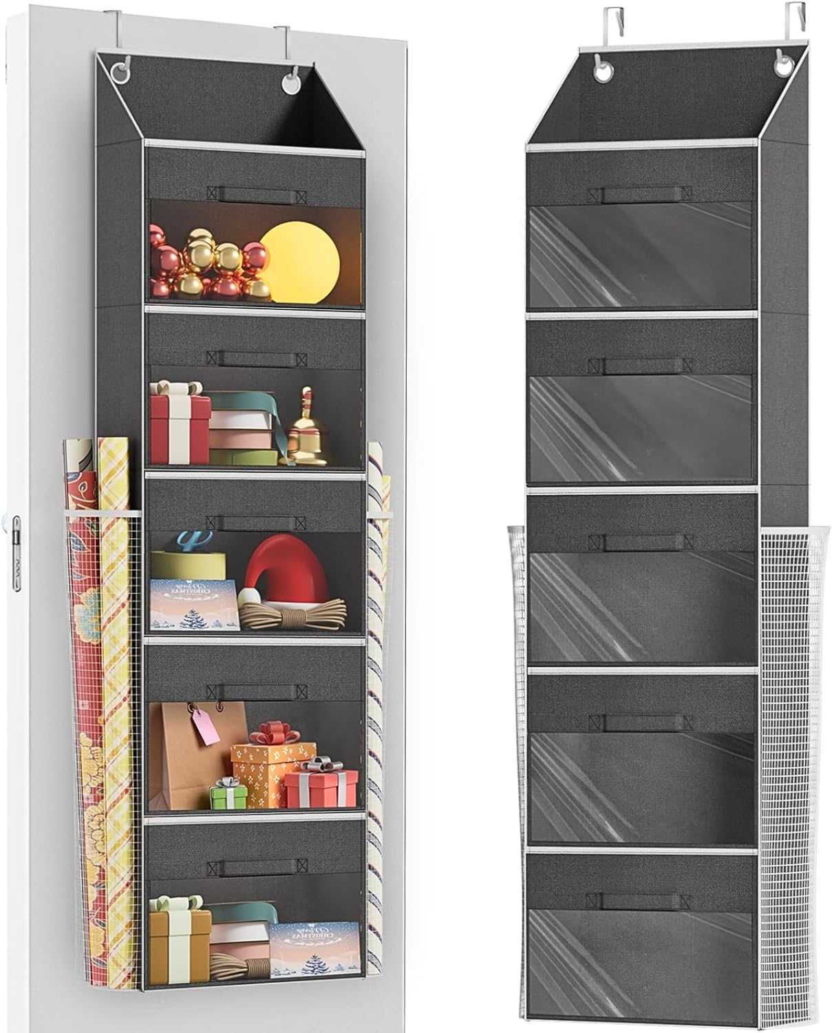 Ofiray-Home Over Door Wrapping Paper Organizer - 5 Removable Drawers & 2 Large Side Pockets for Gift Wrap Storage