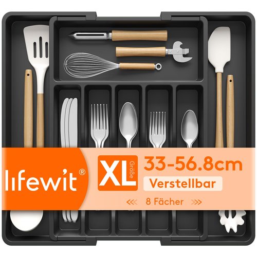 Lifewit Silverware Drawer Organizer, Expandable Utensil Tray for Kitchen, BPA Free Flatware and Cutlery Holder, Adjustable Plastic Storage for Spoons Forks Knives, 33 -57 x 42cm, Black