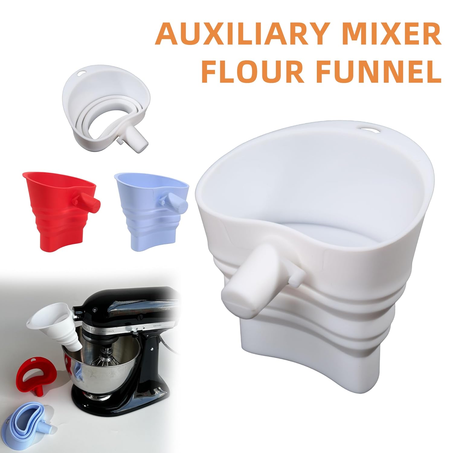 Skiennix Flour Funnel for KitchenAid Mixer - Easy Pour Silicone Kitchen Funnel | Dishwasher Safe (White)