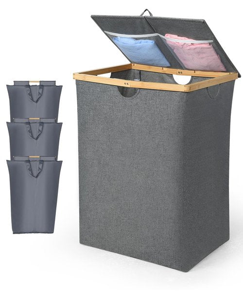 OTraki 3 Section Laundry Hamper with Lid, 150L Clothes Hampers for Laundry with Bamboo Handles and Removable Bag, Large Foldable Laundry Basket for Bedroom, Bathroom, Dorm, Laundry Room, Grey