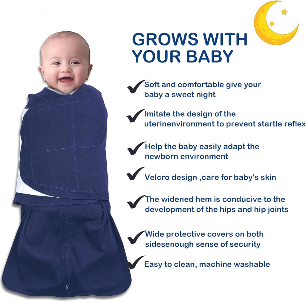Skiennix Baby Sleep Sack Swaddle - 3-Way Adjustable Organic Cotton Blanket | 2 Pack for 3-6 Months, 12-18 lbs, 1.0 TOG (Cyan & Navy Blue)