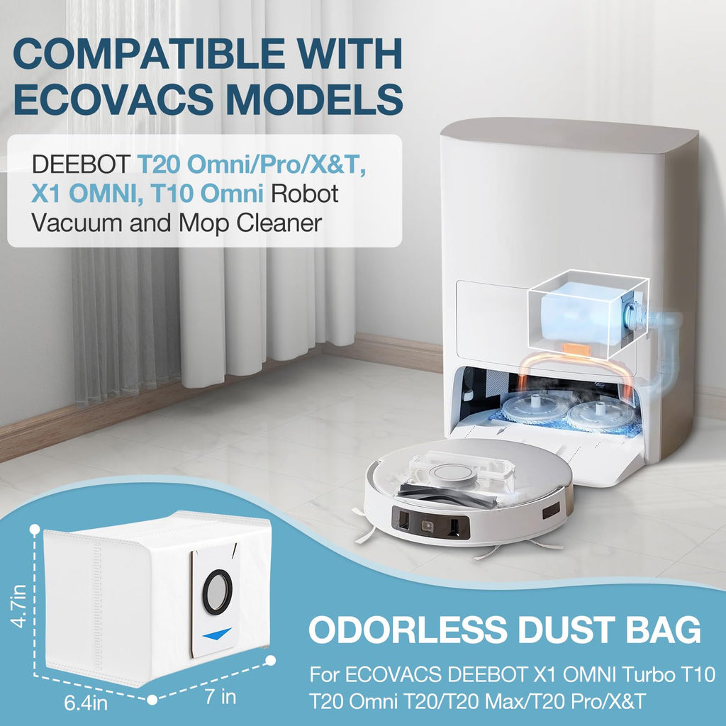 Dust Bags for ECOVACS DEEBOT X1 OMNI Turbo T10 T20 Omni T20/T20 Max/T20 Pro/X&T Series Robot Vacuum Cleaner, 4 Layers Effective Filtration for Deebot T20 Omni Dust Bag