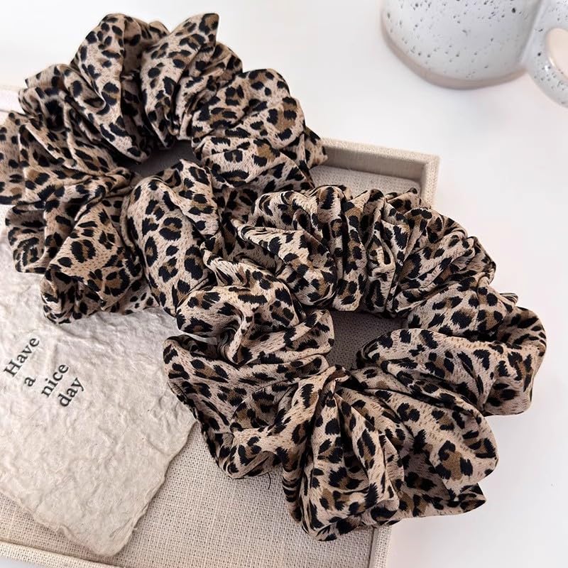 CaySep Oversized Leopard Satin Scrunchies for Thick Hair 2-Pack