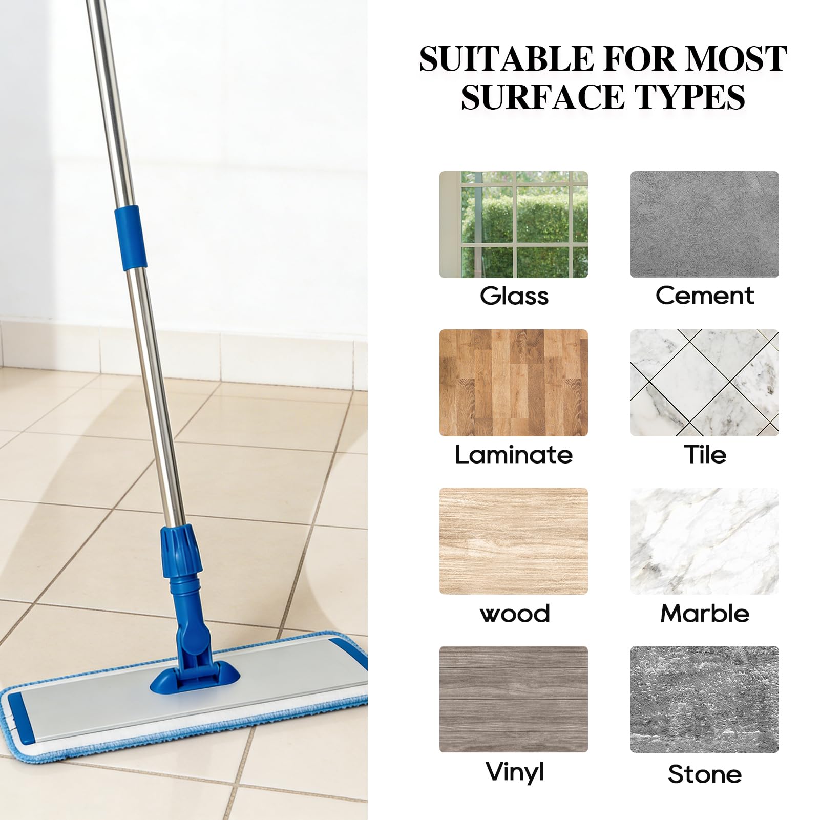 17.5'' Microfiber Mop for Floor Cleaning-Blue Flat Floor Mop with 58'' Stainless Steel Handle- 4 Reusable Washable Replacement Pads-Wet & Dry Use for Hardwood Tile Laminate-Home Kitchen Bathroom