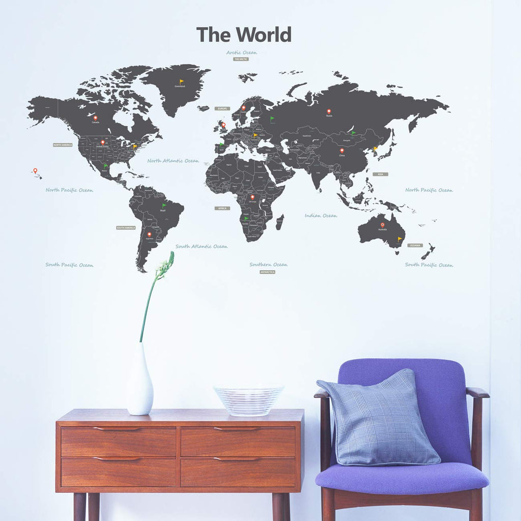 DECOWALL DLT-1609G Modern Grey World Map Kids Wall Decals Wall Stickers Peel and Stick Removable Wall Stickers for Kids Nursery Bedroom Living Room (XLarge)