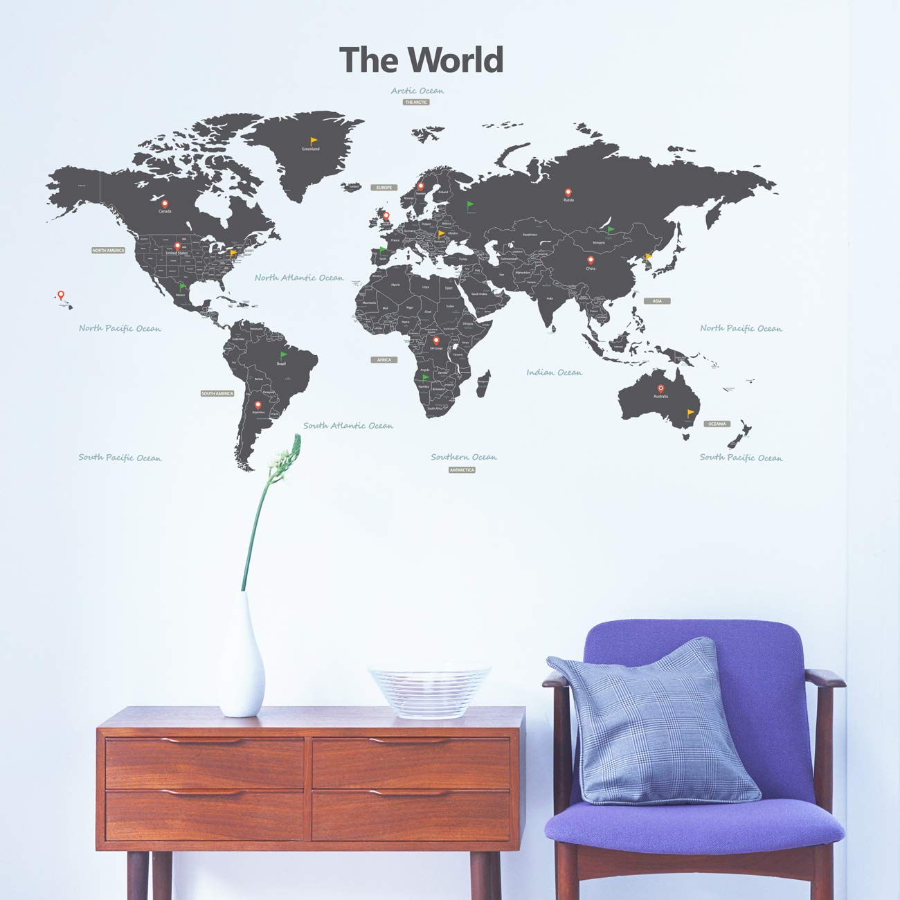 DECOWALL DLT-1609G Modern Grey World Map Kids Wall Decals Wall Stickers Peel and Stick Removable Wall Stickers for Kids Nursery Bedroom Living Room (XLarge)