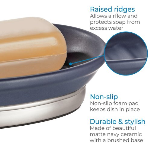 iDesign Ceramic and Steel Bar Holder, The York Collection Soap Dish, Matte Navy/Brushed Nickel
