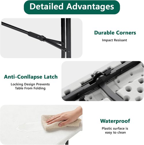 Folding Table 6ft - Heavy Duty Plastic Utility Table with Handle | Portable & Foldable for Events, Picnics, Camping (White)