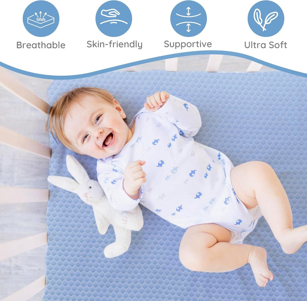 Skiennix Crib Mattress - Dual-Sided Memory Foam for Baby & Toddler | Soft, Breathable, 52" x 27.6" x 5.5", Machine Washable Cover, White & Blue
