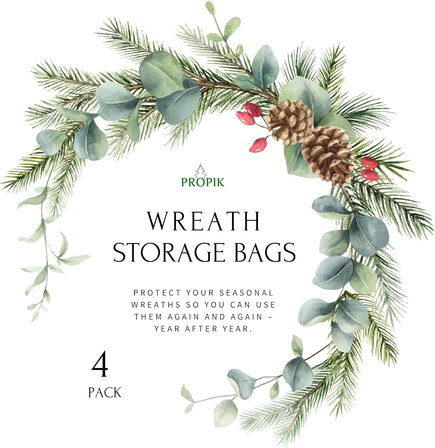 ProPik Christmas Wreath Storage Bag - Waterproof 4-Pack Clear Container for Holiday Wreaths | 24-Inch PVC