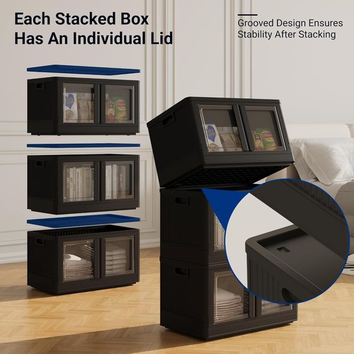 FLEXIMOUNTS Stackable Storage Bins - Collapsible Plastic Bins With Lids & Wheels | 3 Pack, Black