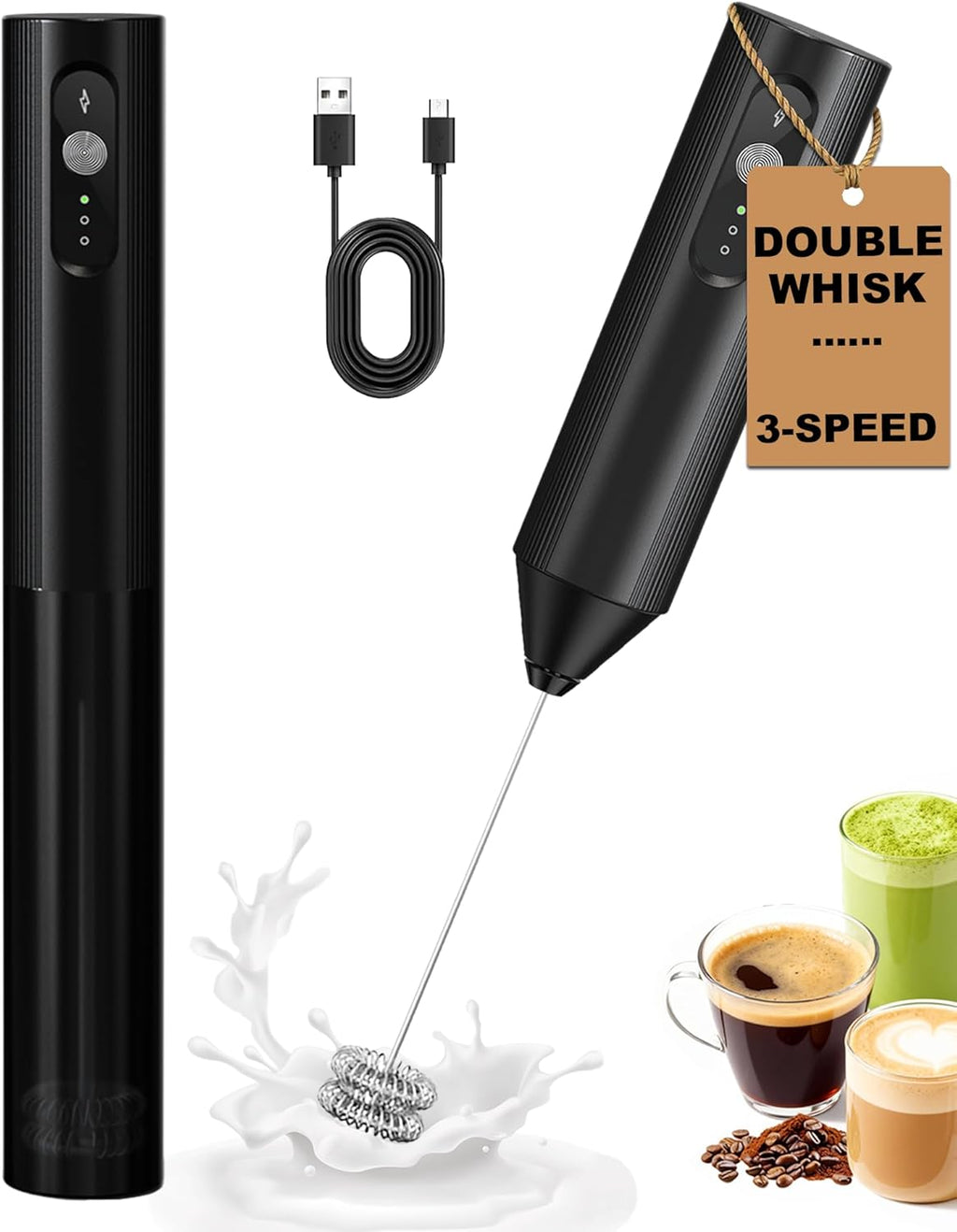 Skiennix 3-Speed Rechargeable Milk Frother - Dual Coil Handheld Whisk for Coffee, Matcha & Hot Chocolate | Portable Kitchen Gift in Black