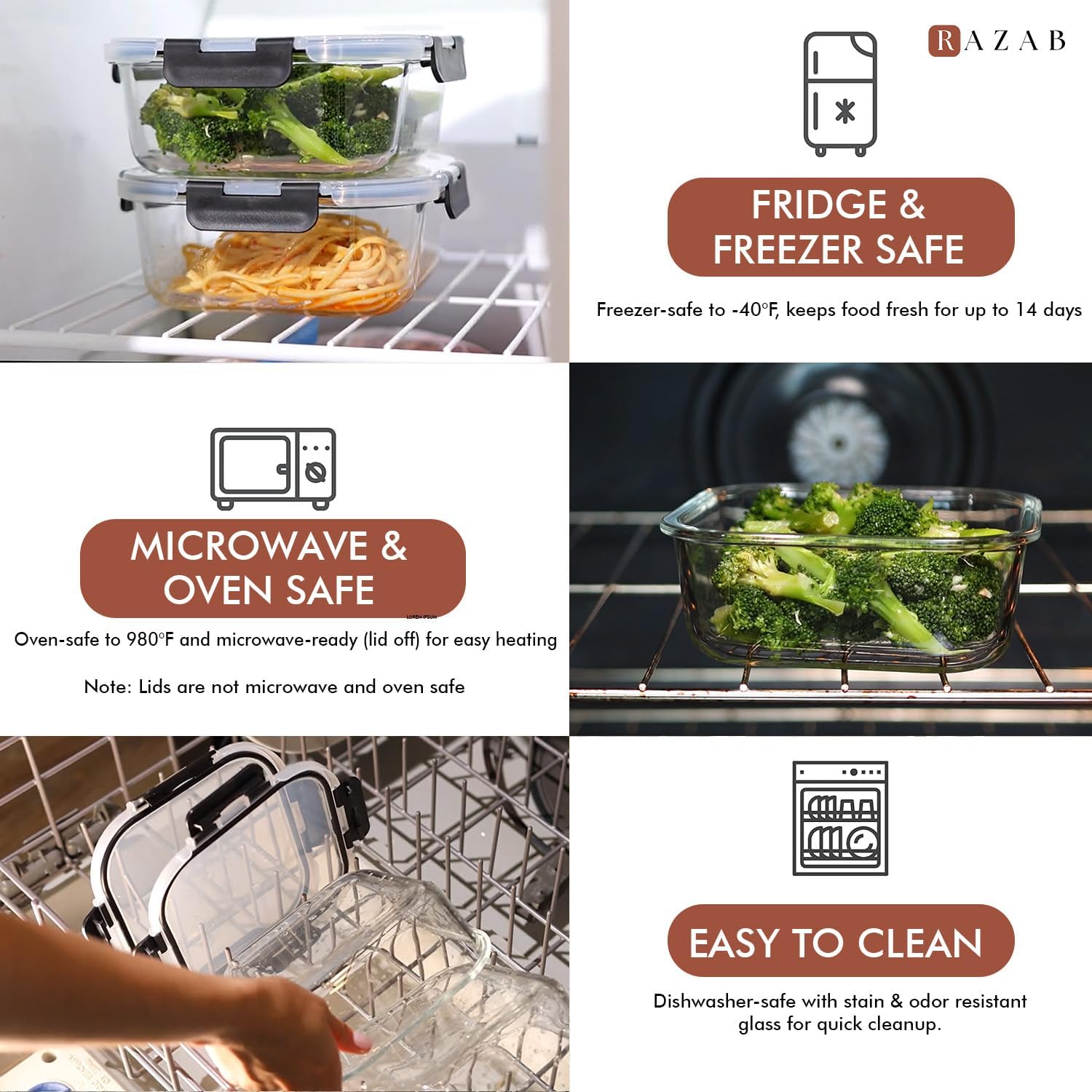 Razab Glass Food Storage Containers - 1200ML Airtight & Leakproof | Microwave, Oven, Freezer Safe, BPA Free