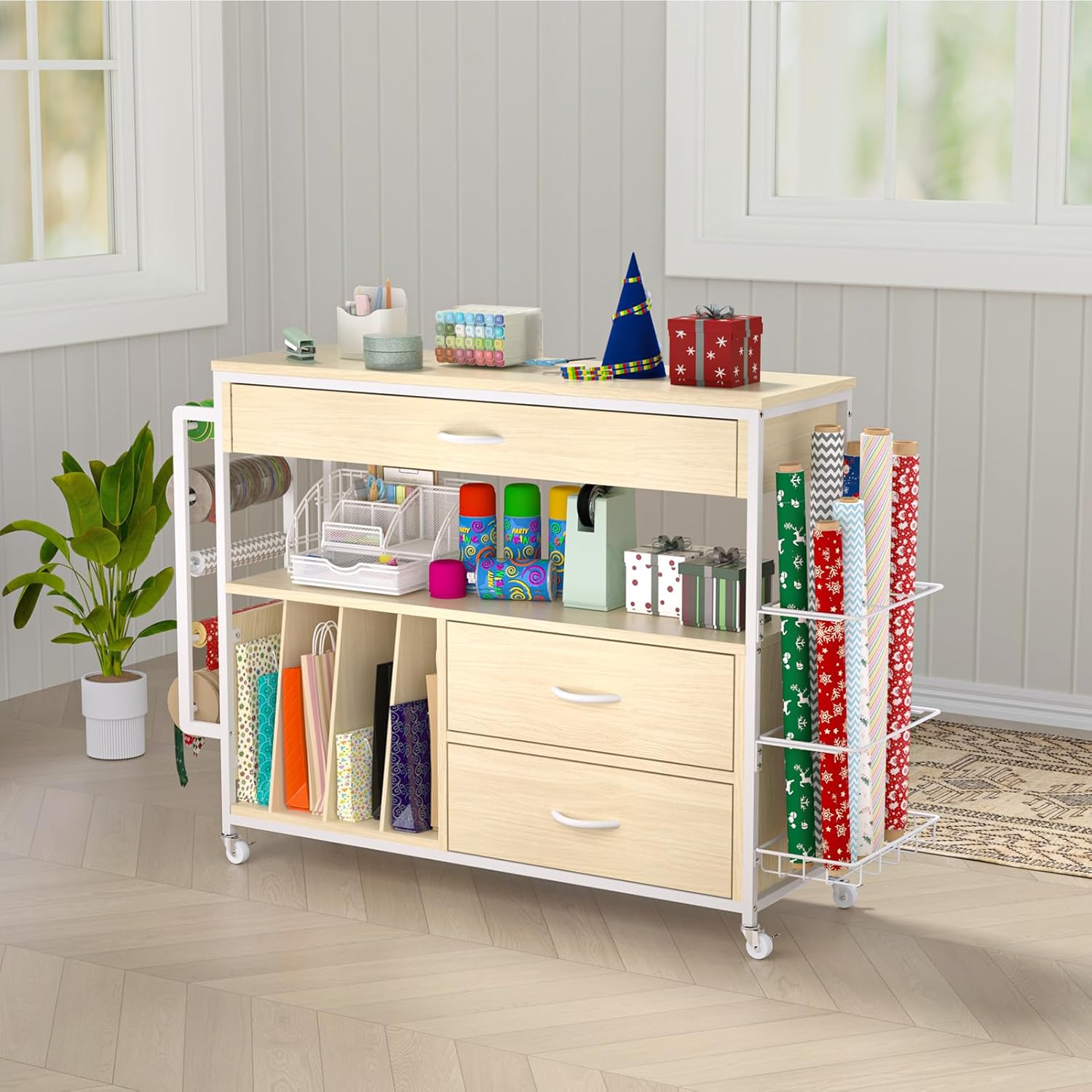 Skiennix Wrapping Paper Organizer - Craft Cart with Ribbon & Gift Bag Storage | 3 Wooden Drawers, Oak