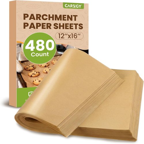 CAREGY Unbleached Parchment Paper Sheets - 480 Pcs, 12 x 16 Inch, Non-Stick for Baking & Cooking