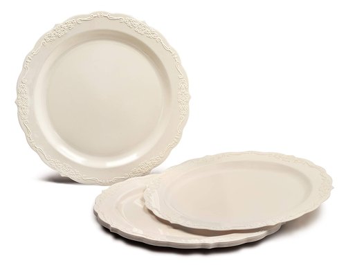 " OCCASIONS " 120 Plates Pack,(60 Guests) Vintage Wedding Party Disposable Plastic Plates Set -60 x 10'' Dinner + 60 x 7.5'' Salad/Dessert (Verona Plain Ivory)