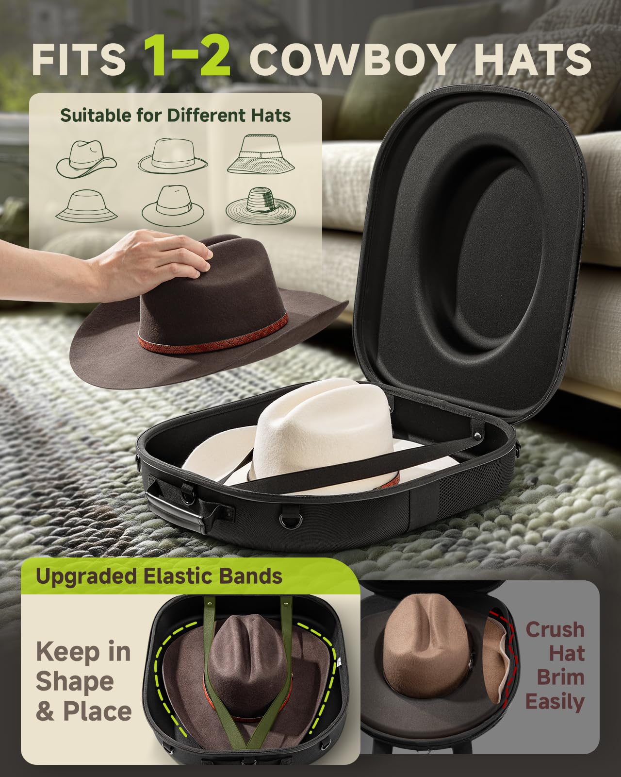 BRANTMAKER Cowboy Hat Box, Cowboy Hat Case for Travel, Crush Proof Storage for Western/Panama/Fedora, Carrier with Adjustable Shoulder Strap & Brush