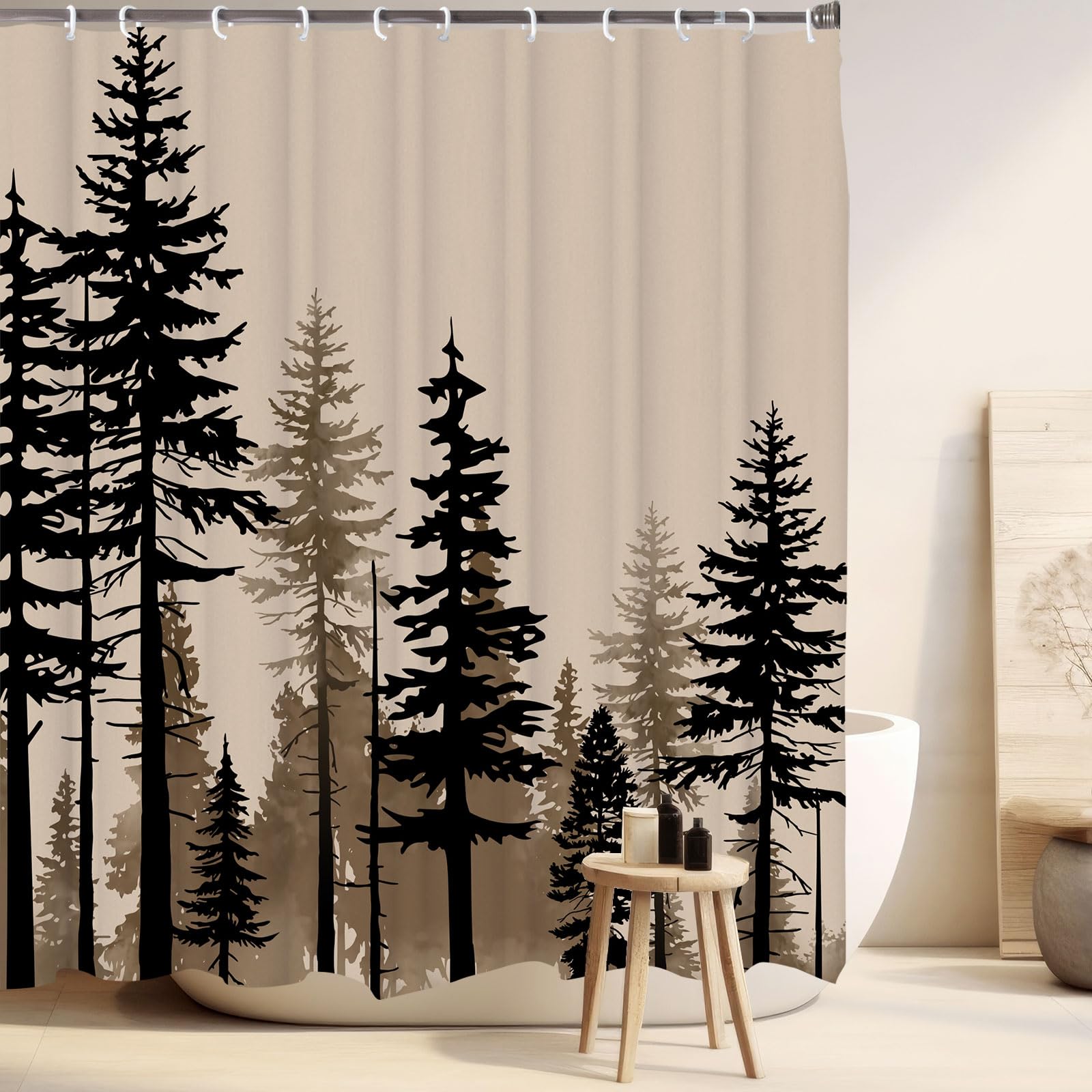 LKFBSC Farmhouse Forest Shower Curtain, Pine Trees Retro Vintage Misty Woodland Fabric Shower Curtains Set, Nature Cabin Cottage Rural Bathroom Curtains with Hooks, Brown Black 72x72inch