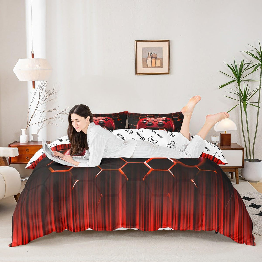 Manfei Kids Gaming Duvet Cover Set Full Size, Red Geometric Gamepad Bedding Set 3pcs for Boys Girls Game, Modern Gamer Comforter Cover Videogames Reversible Quilt Cover with 2 Pillowcases,No Comforter