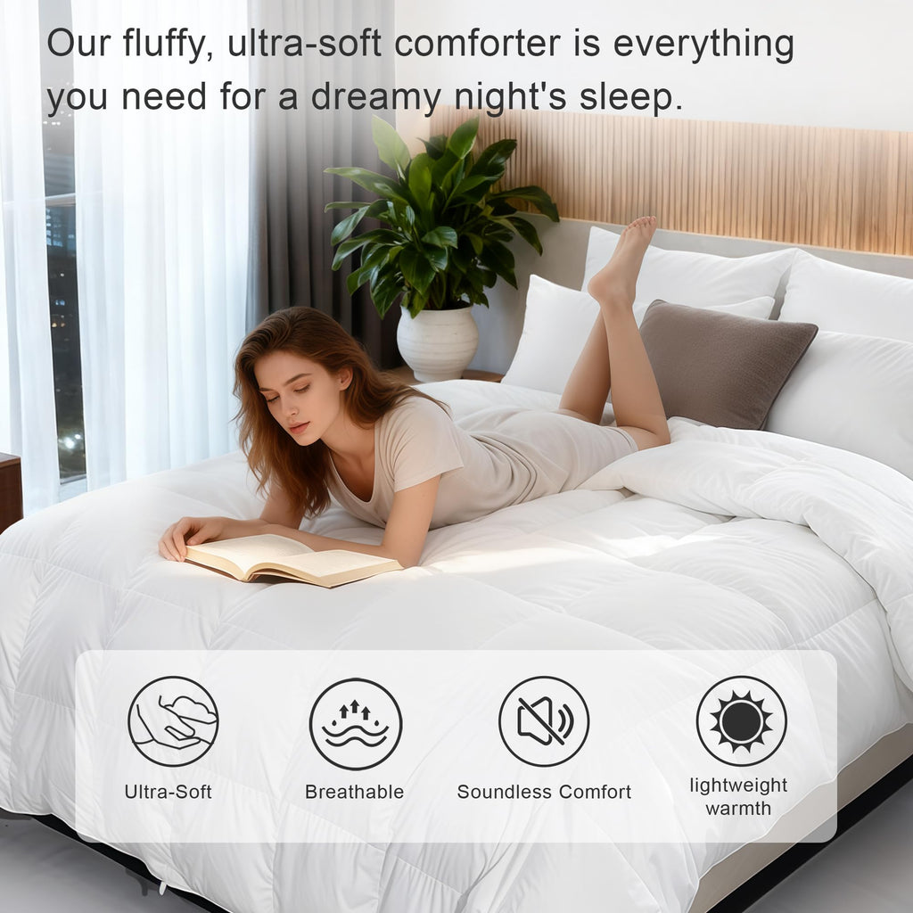 ALPSWAN Luxury Goose Feather Down Fiber Comforter Queen Size, 300TC White Cotton Blended Duvet Insert, All Season Hotel Bedding Alternative Down Comforter with Corner Tabs (White, Queen)
