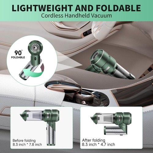 AQSFLA Car Vacuum Portable Cordless 22000PA High Power Handheld Mini Vacuum Cleaner Rechargeable Foldable with Brushless Motor Air Blower Duster Pump for Car Home Office Pet (Green)