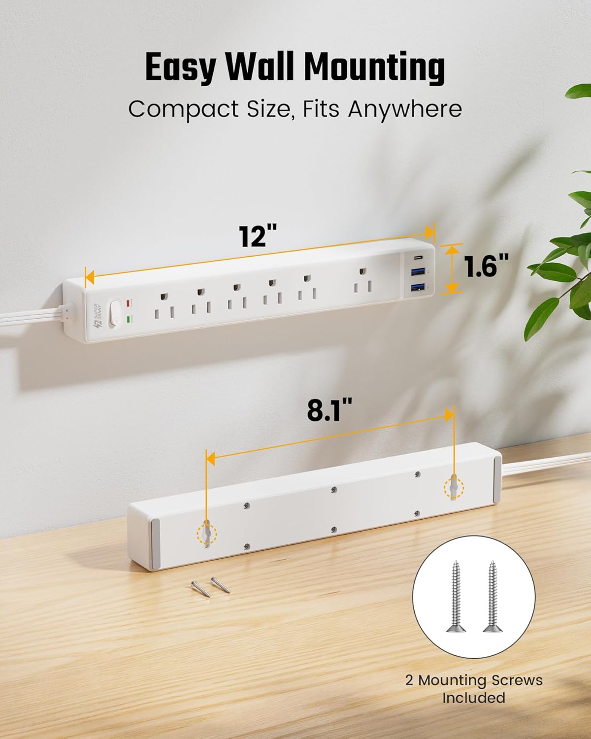 SUPERDANNY 10Ft Extension Cord - Flat Plug Surge Protector with 6 Outlets & 3 USB Ports for Home Office & Dorm Room Essentials