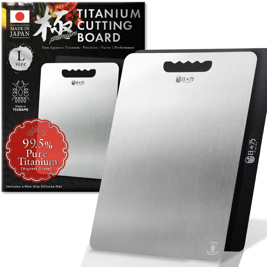 HIBINO Titanium Cutting Board | 99.5% Pure Japanese Titanium | Non-Toxic | Lightweight & Dishwasher Safe | L Size | Made in Japan | With Non-Slip Mat | For Kitchen & Camping Use