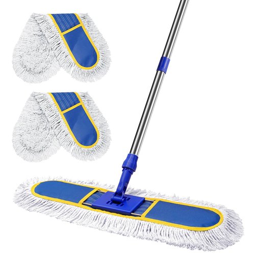 29.5" Commercial Dust Mop for Floor Cleaning,Heavy Duty Floor Duster with 2 Cotton Reusable Mop Pads,61” Long Handle Wet Dry Flat Mops for Hardwood Floors,Marble, Laminate,Tile,Concrete,Garage (Blue)