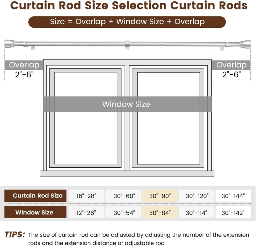 Regine Switzerland 1” Diameter Silver Curtain Rod - Adjustable 30-90 Inch, Heavy Duty 2 Pack for Windows