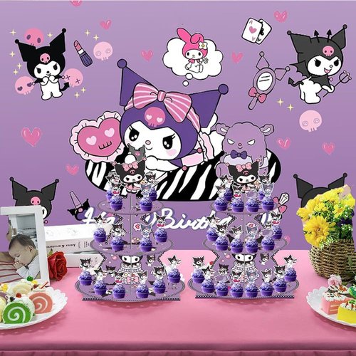 Kawaii Cartoon Birthday Decorations, Purple Cupcake Stand Party Supplies - 3 Tier Paper Cupcake Holder - Dessert Display Stand for Adult Birthday Party Decoration