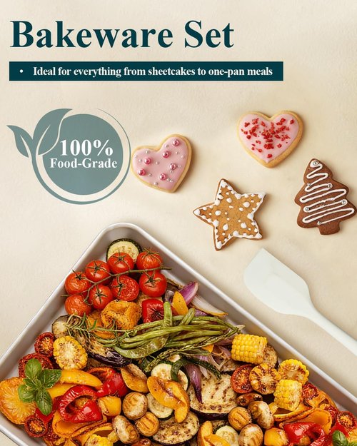 7PCS Ceramic-Coated Baking Sheet Set - Non-Stick Jelly Roll Pan & Cookie Sheet with Rack, Spatula & Cutters | PFAS Free, Oven Safe to 550°F, Sunshine Cream