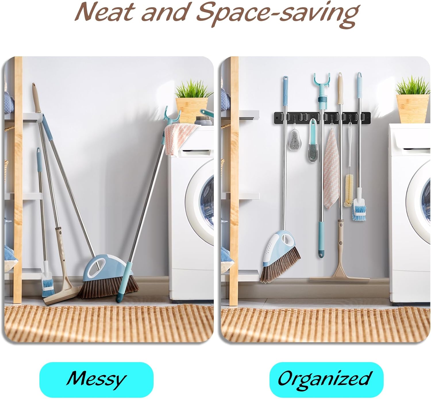 OUTNILI Mop and Broom Holder Wall Mount - Black Tool Organizer with 5 Slots & 4 Hooks for Garage, Kitchen, Laundry