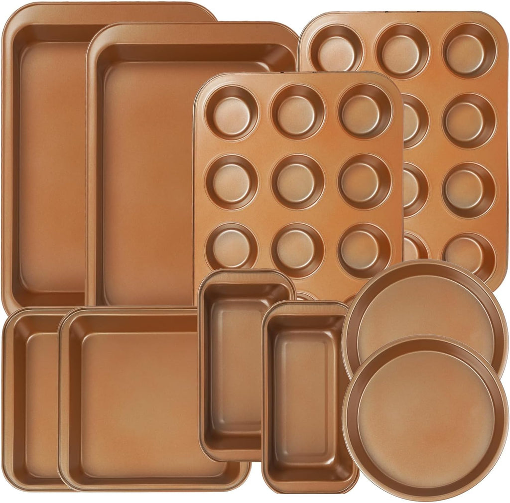 Nonstick Baking Pans Set by [Brand Name] - 10-Piece Bakeware Set | Oven & Dishwasher Safe, Non-Toxic, Includes Cookie Sheets, Muffin Pan, Bread Pan, Cake Pan, Loaf Pan, Roasting Pan in Gold