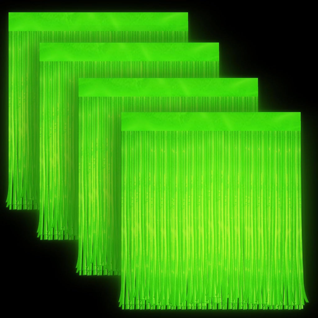 Skiennix Glow In The Dark Curtains - 4 Pack Tinsel Foil Fringe Backdrop for Neon Party Decor | 6.6 x 3.3 Ft