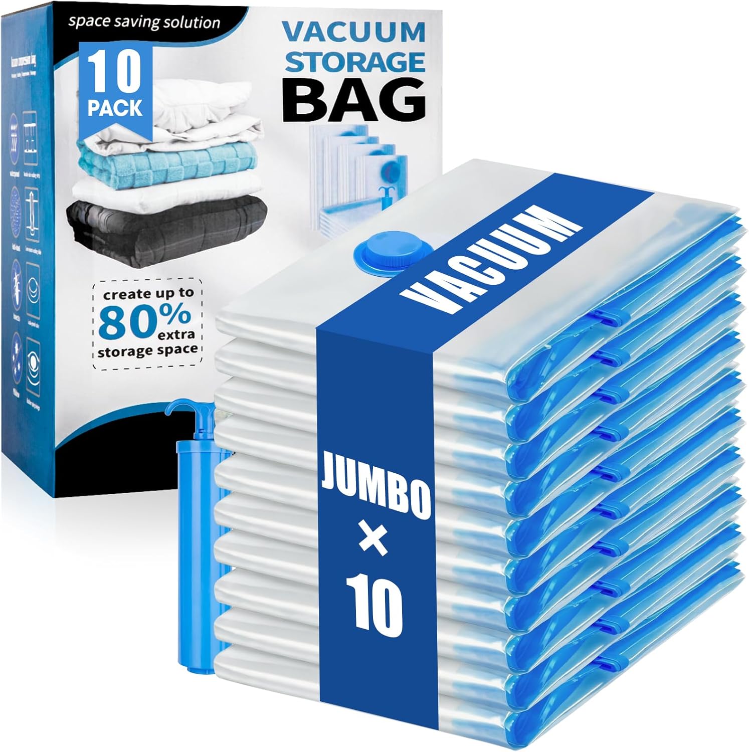 Skiennix Jumbo Vacuum Storage Bags - Extra Large Compression Bags with Hand Pump for Clothing & Bedding