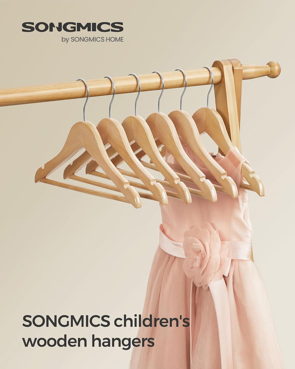 SONGMICS Kids Wooden Hangers - 20 Pack Solid Wood Baby Hangers with Pants Bar & Swivel Hooks | 12.6 x 7.5 Inches, Natural/Silver