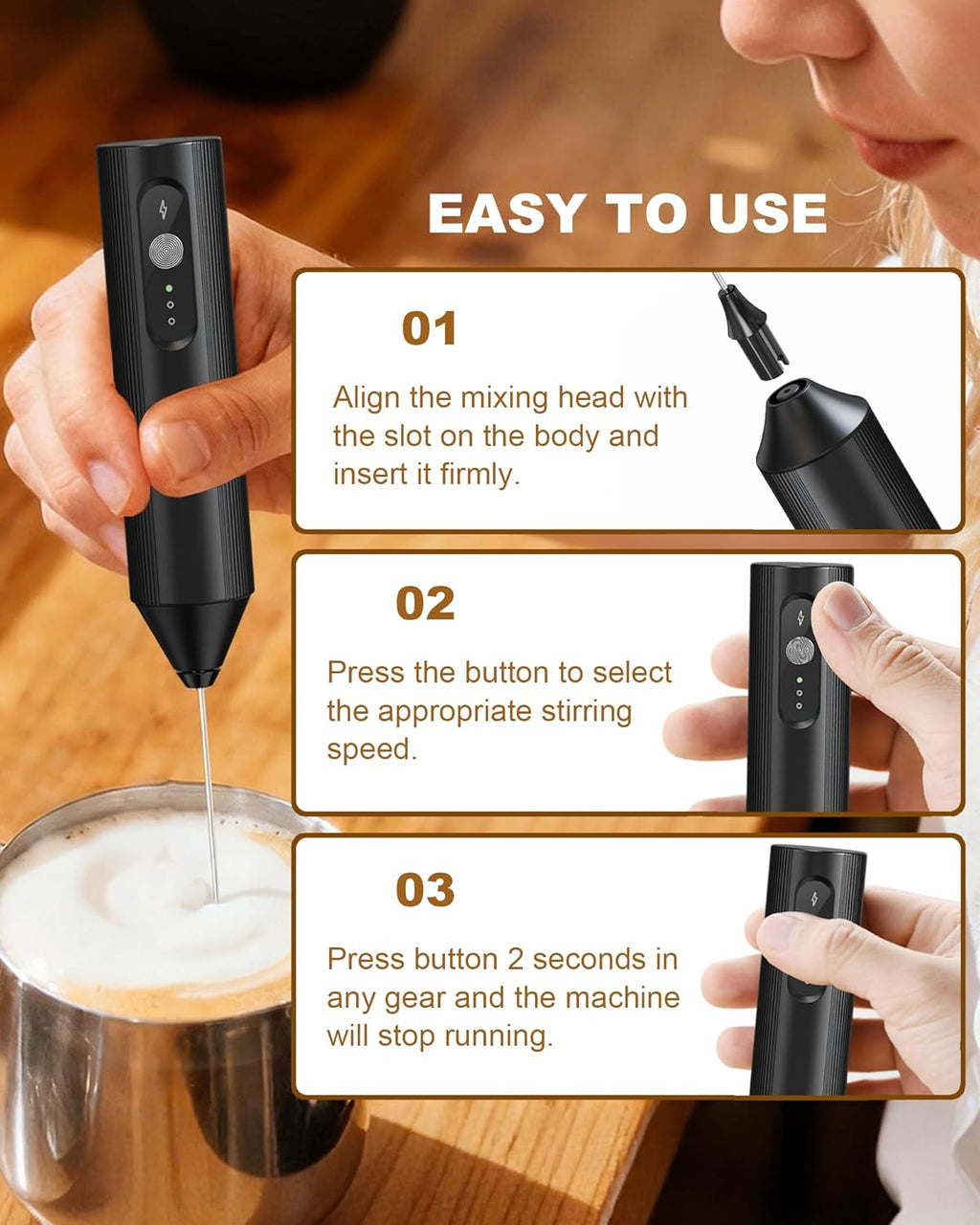 Skiennix 3-Speed Rechargeable Milk Frother - Dual Coil Handheld Whisk for Coffee, Matcha & Hot Chocolate | Portable Kitchen Gift in Black