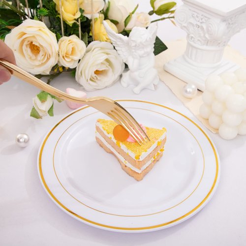 Nervure 204PCS Gold Dessert Plates with Forks - 102PCS 7.5inch Disposable Gold Plastic Plates and 102PCS Plastic Forks Perfect for Salads, Desserts, Parties, Catering, Christmas & Party & Father's Day
