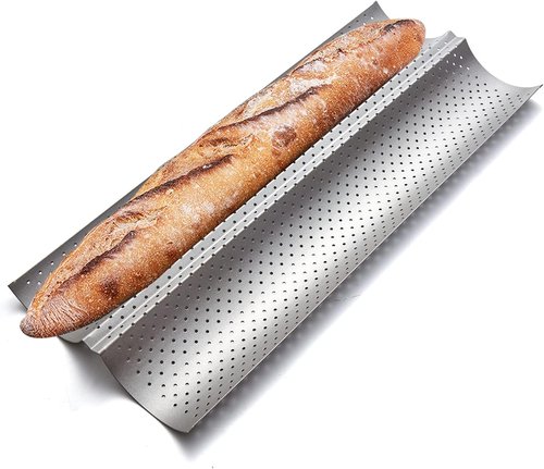 KITESSENSU Nonstick Baguette Pans - Perforated Bakery Tray for 2 Loaves, 15" x 6.3", Silver Finish