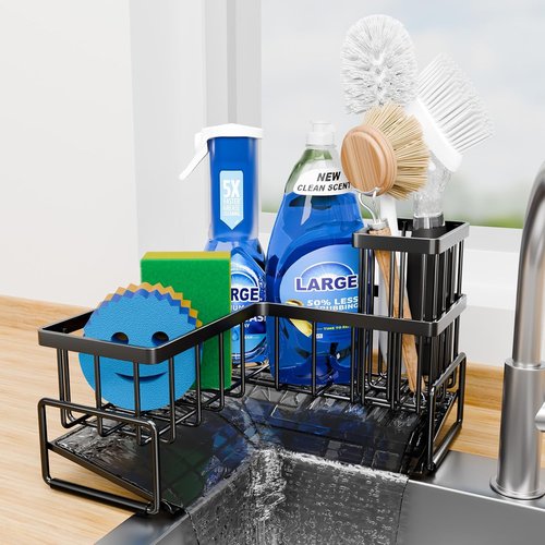 Fikoksol Kitchen Sink Sponge Holder - 90-Degree Caddy Organizer with Dish Brush Storage | Metal L-Shaped Design